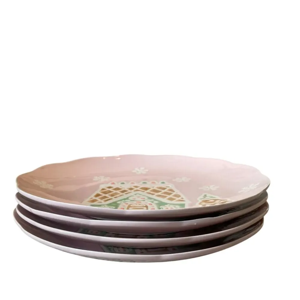 4pc Eli + Ana PINK GINGERBREAD HOUSE Dinner Plates 10.5in Ceramic Pinkmas NEW